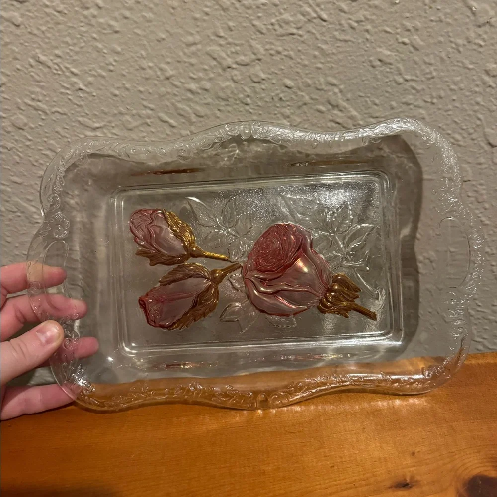 Vintage Goofus Glass Rose Tray